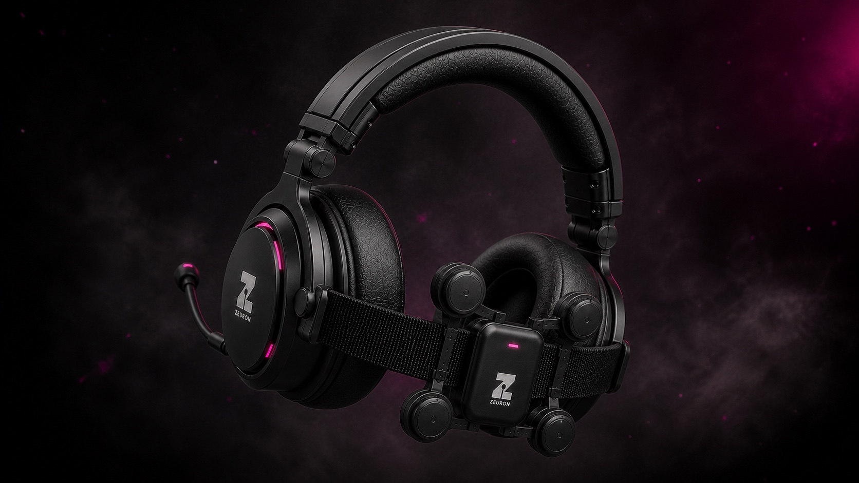 Concept visualization: the Gambit Pro headset in dramatic magenta rim light