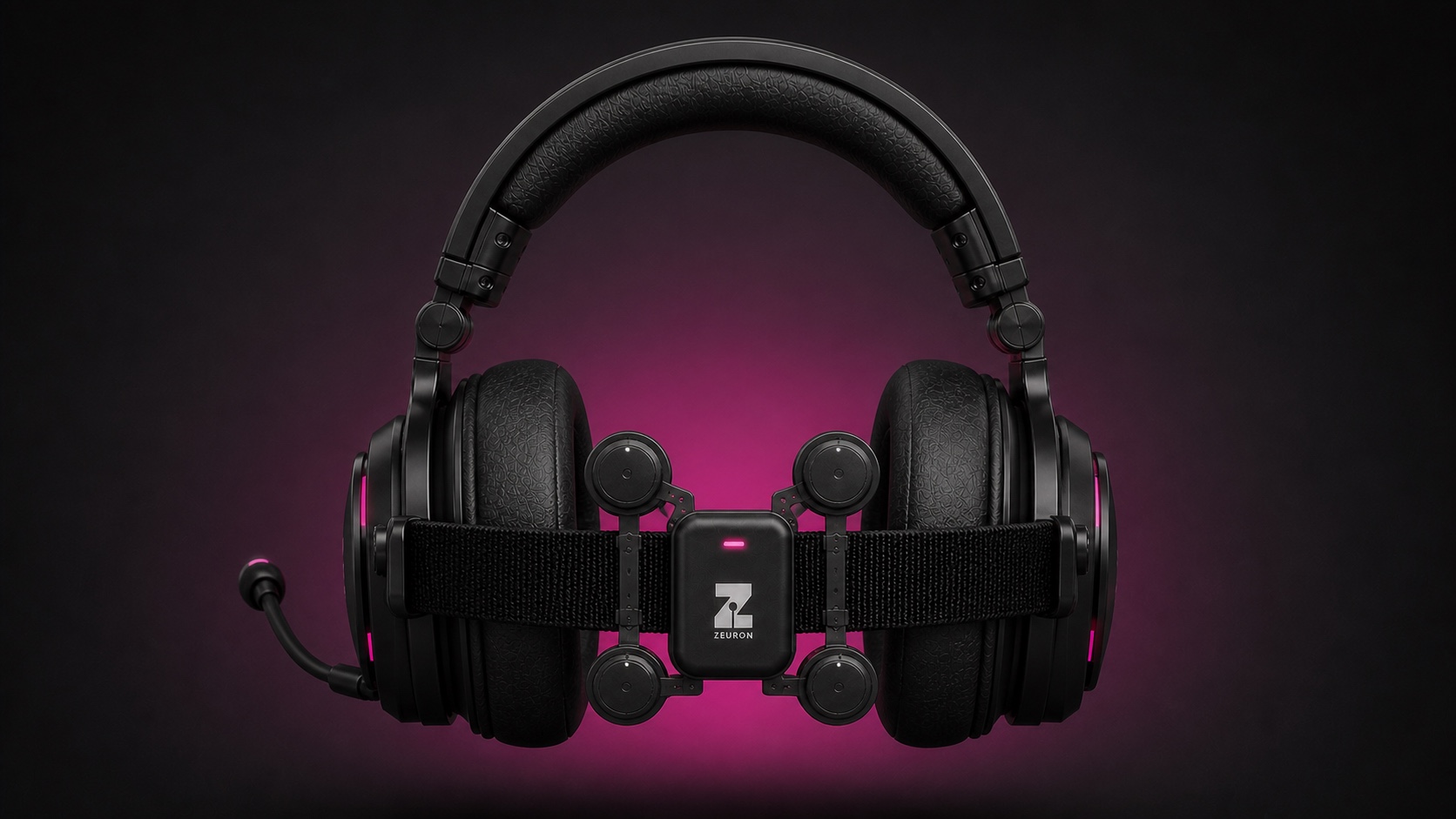 Concept visualization: a centred rear view of the Gambit headset showing the sensor array and processing unit