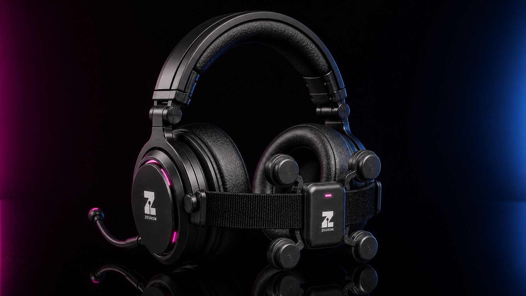 Concept visualization: the Gambit headset in a glossy black studio