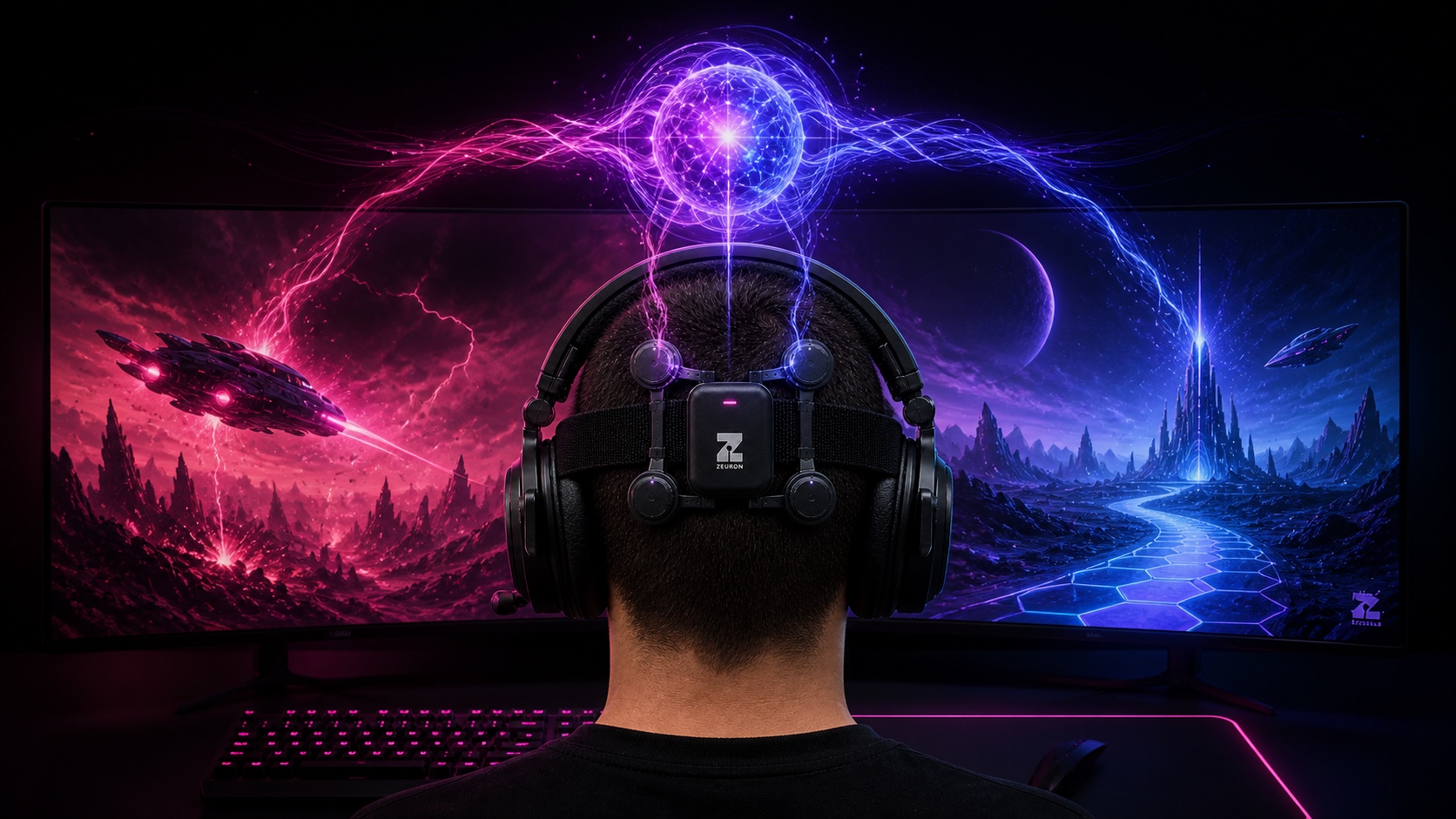 Concept visualization: twin game worlds reshaping themselves around a player's neural signal