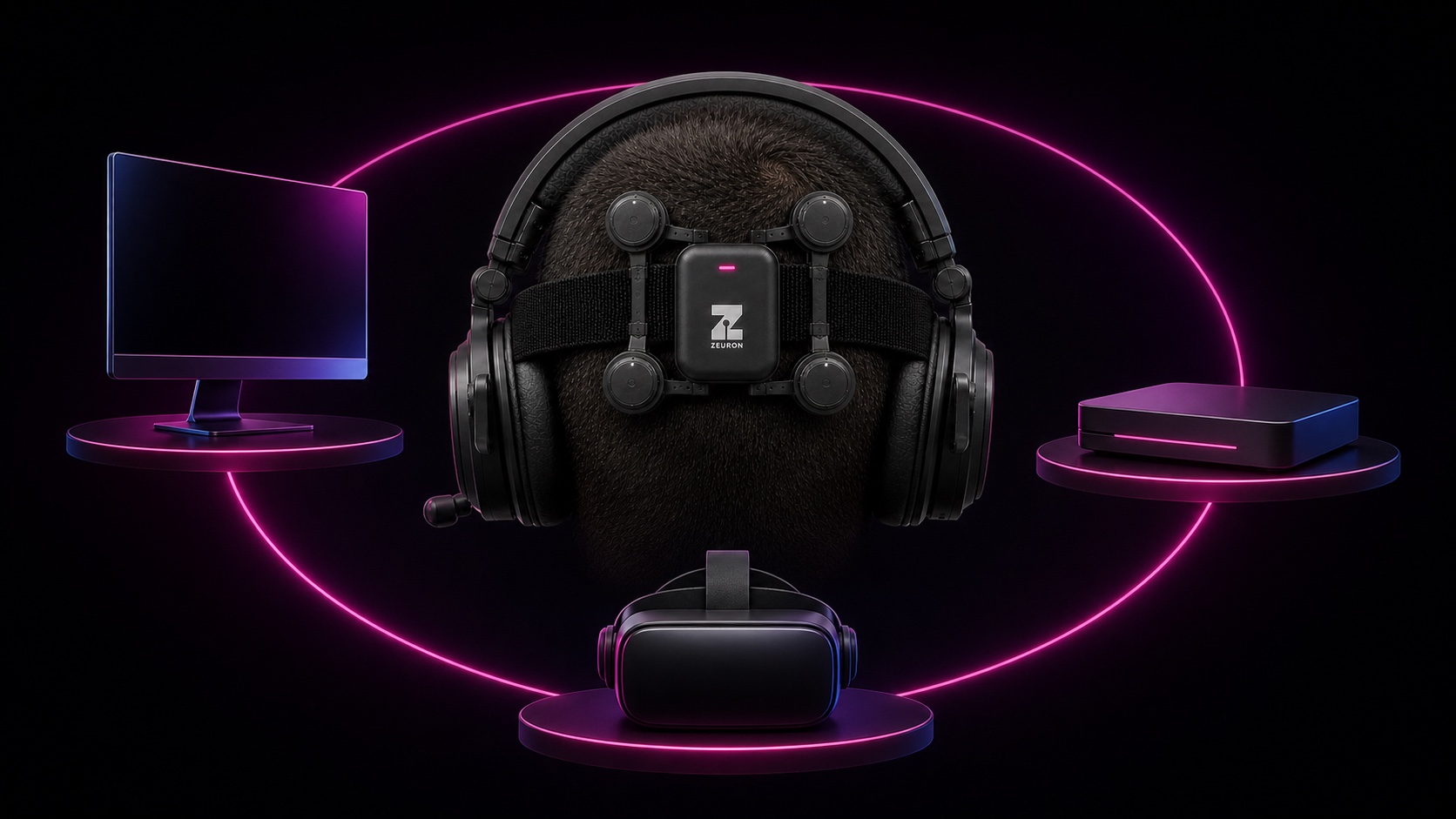 Concept visualization: the Gambit headset ringed by a PC monitor, a console, and a VR headset