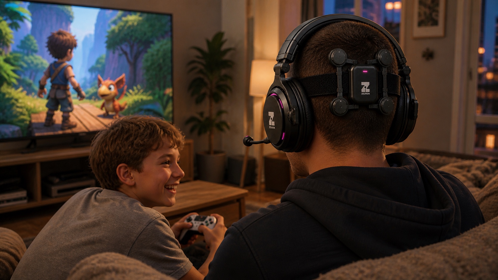 Concept visualization: two friends laughing through a couch co-op session in Gambit headsets