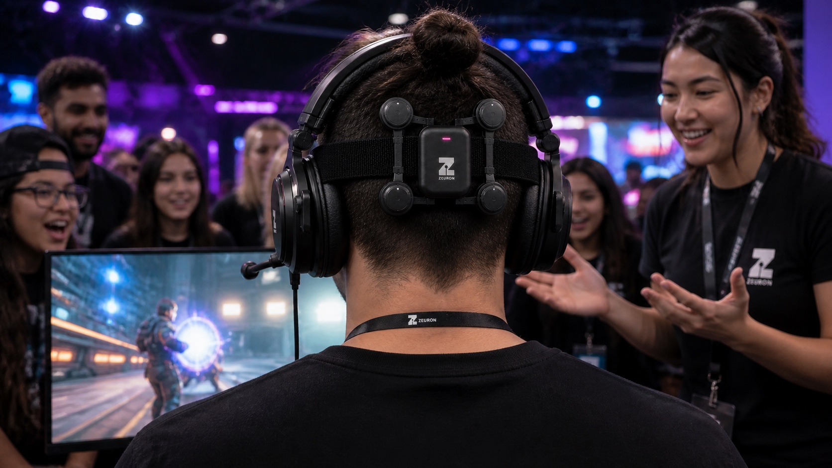 Concept visualization: a festival crowd around a Gambit demo station, a Zeuron team member cheering the player on