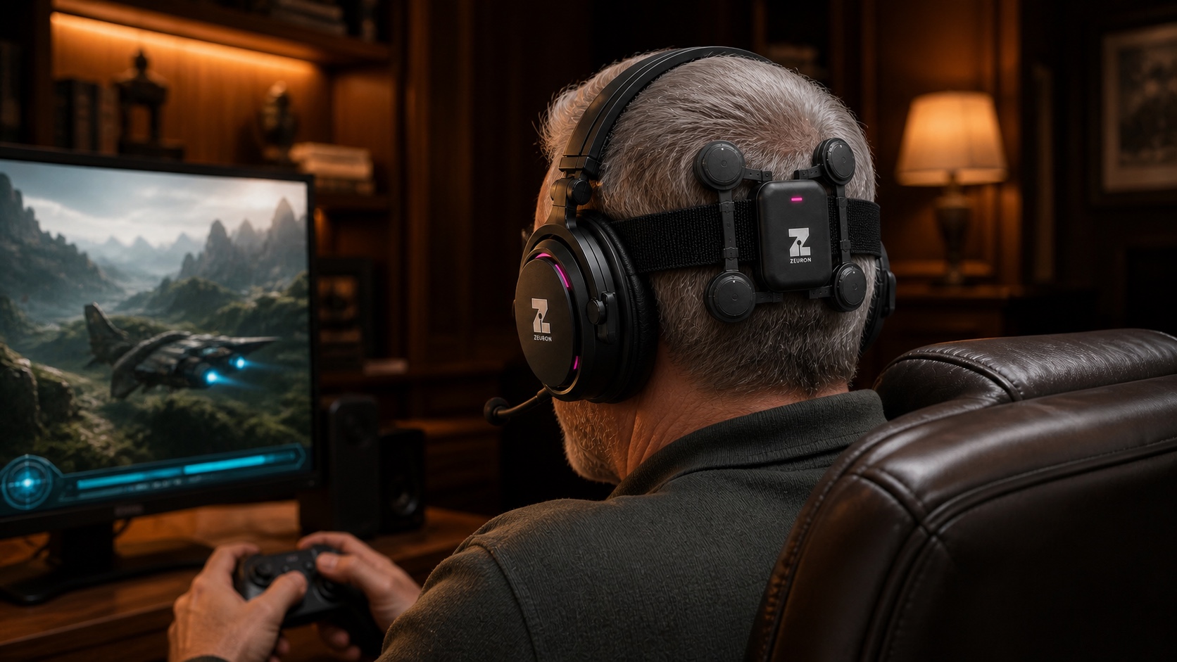 Concept visualization: an older player celebrating a win, wearing the Gambit headset