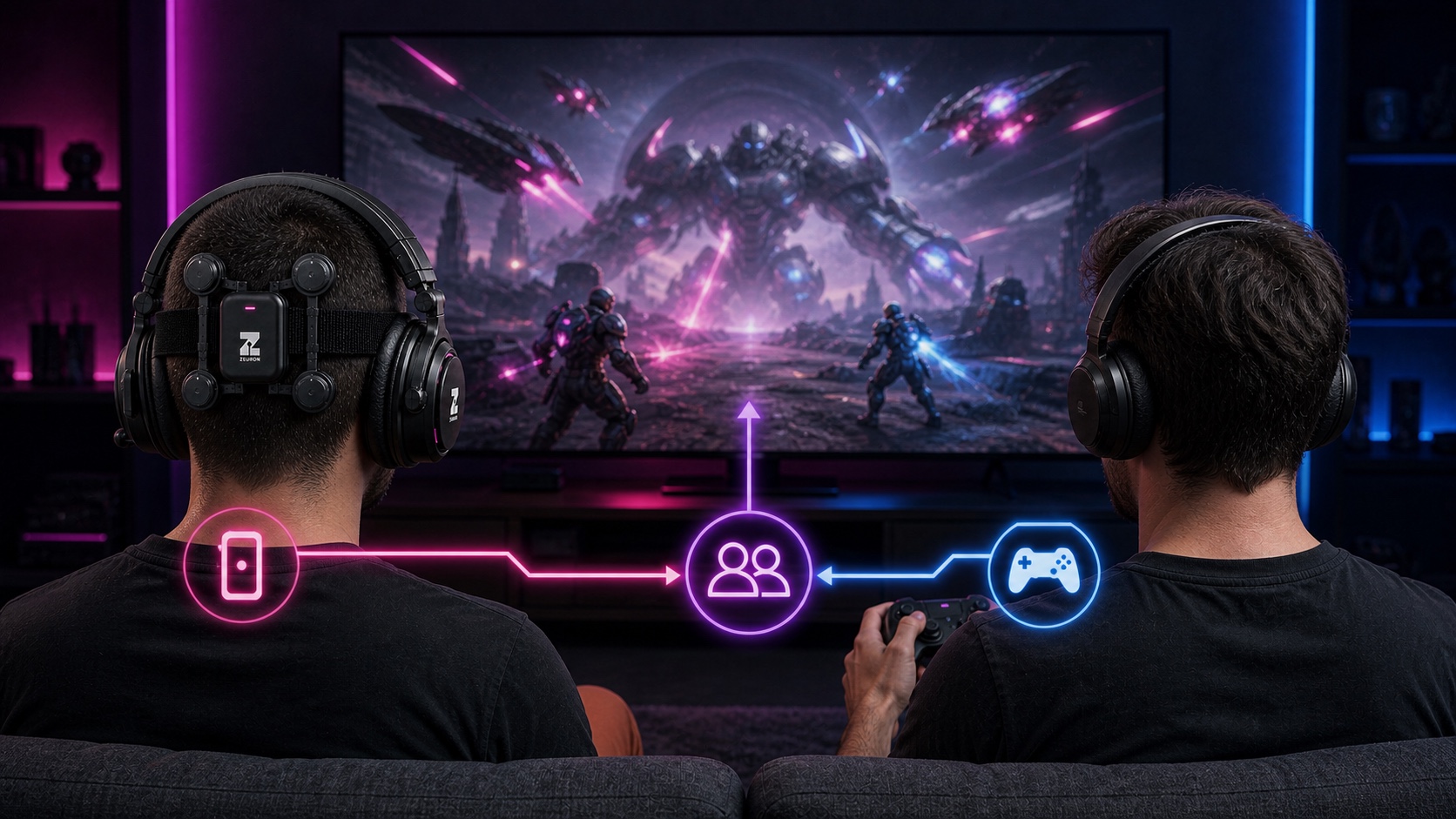 Concept visualization: two players side by side in the same boss fight — one in the Gambit headset, one holding a gamepad