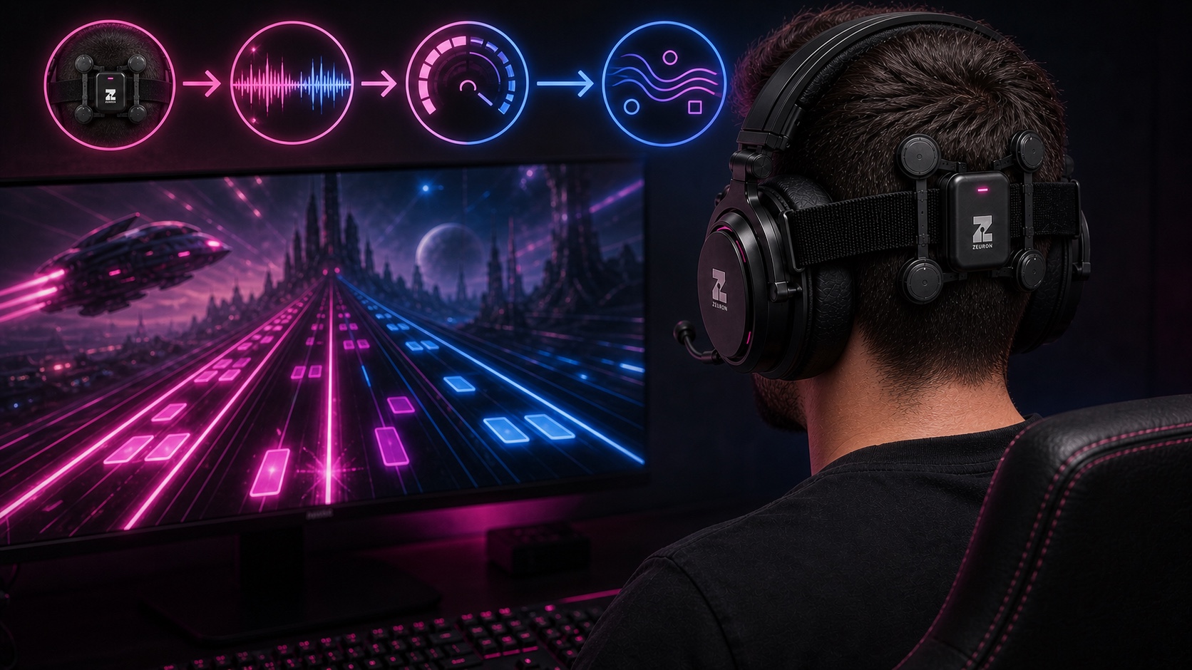 Concept visualization: a neon rhythm game paced by a chain of signal, gauge, and flow icons