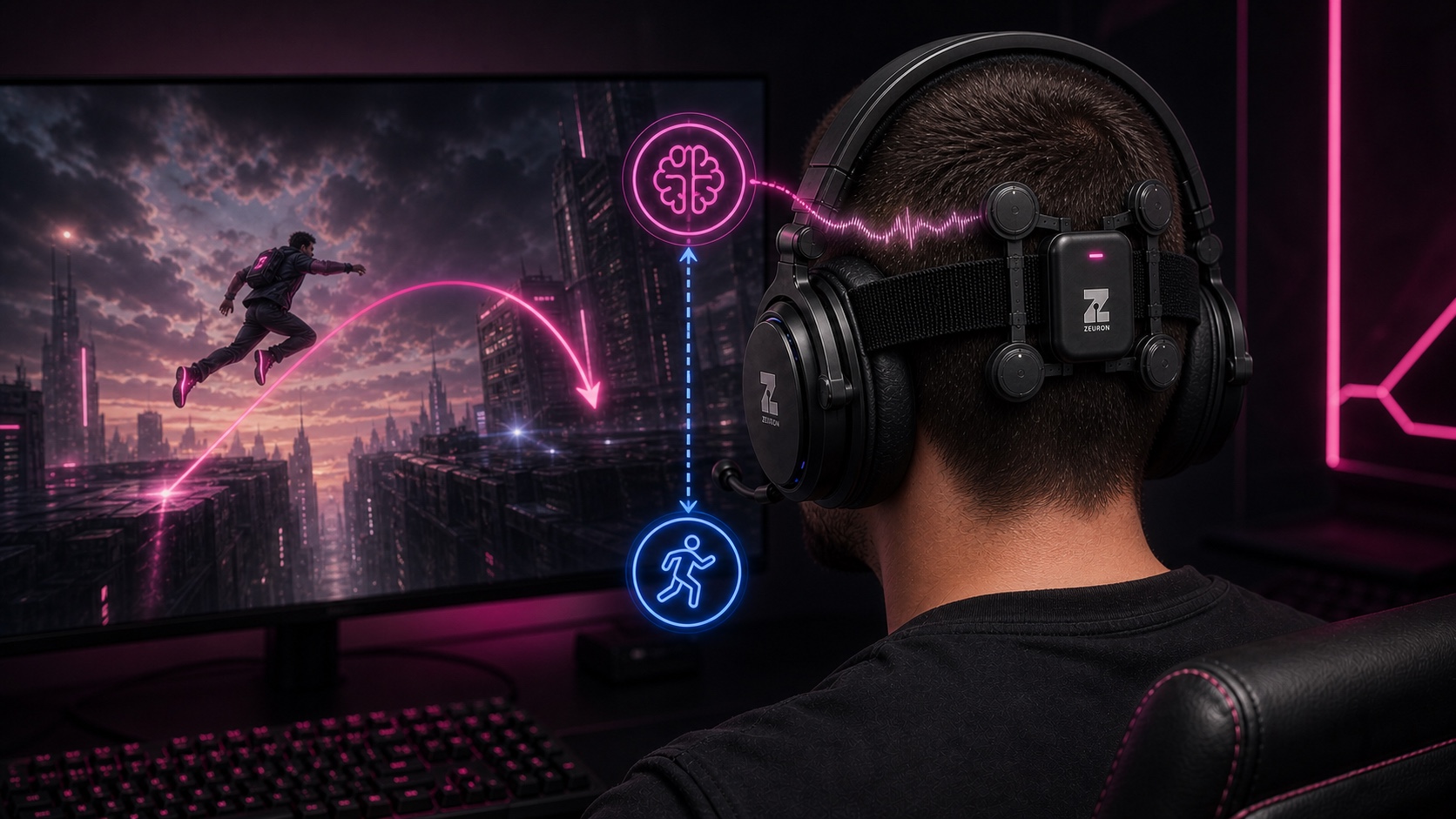 Concept visualization: a player in the Gambit headset watching a character leap between rooftops, brain-to-motion icons linking the two