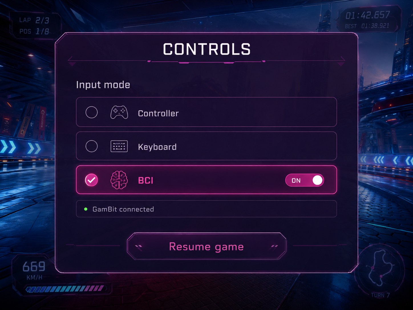 Concept visualization: a game controls menu with BCI selected and Gambit connected