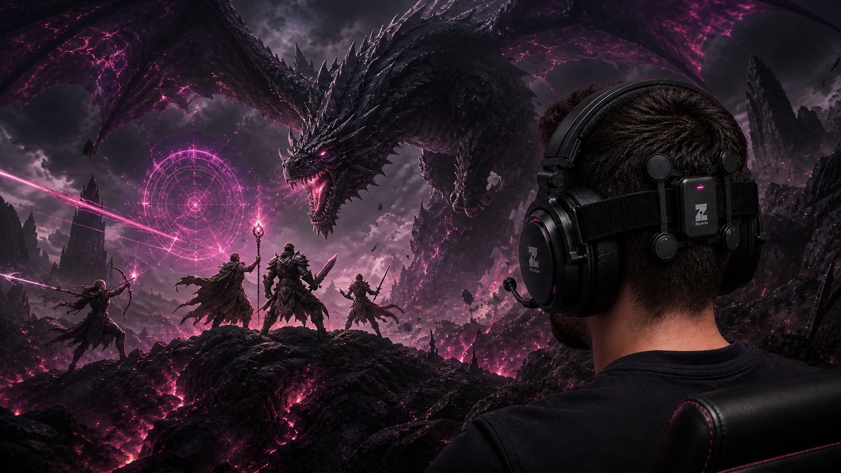Concept visualization: a player in the Gambit headset facing a volcanic dragon battle