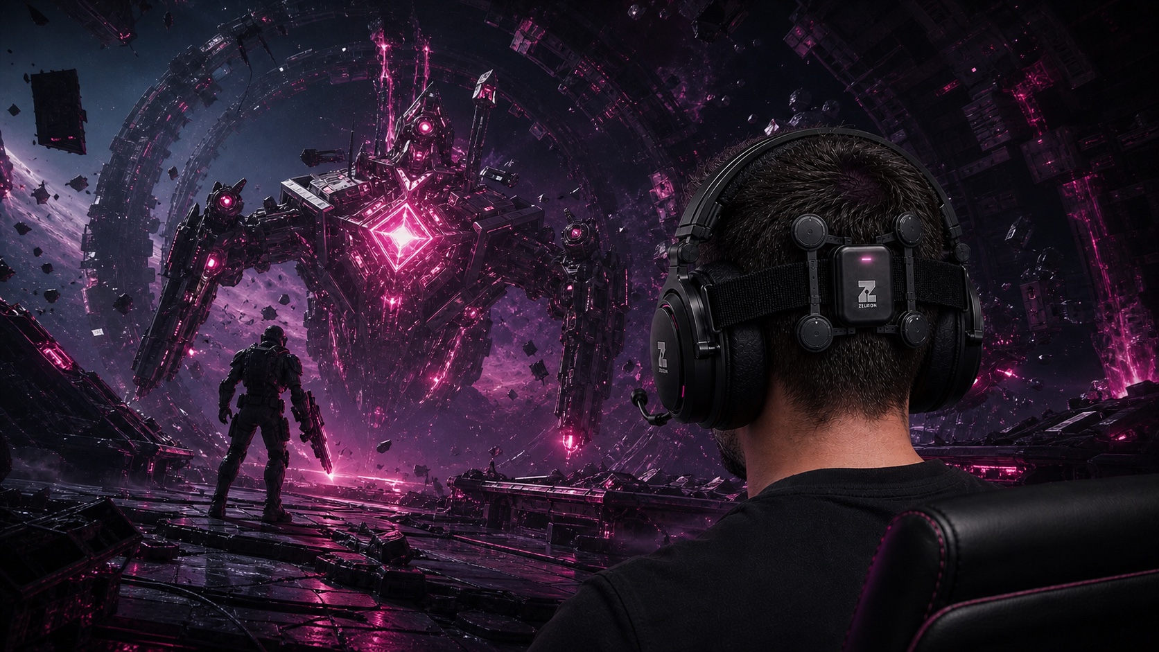 Concept visualization: a player in the Gambit headset fighting a machine boss in orbit